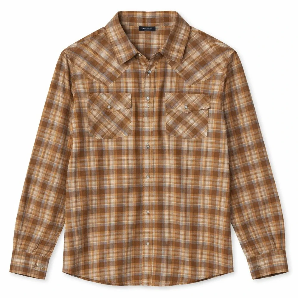 Vintage Levis Sportswear Western Pearl Snap Shirt Plaid Brown Blue Mens XL Cabin